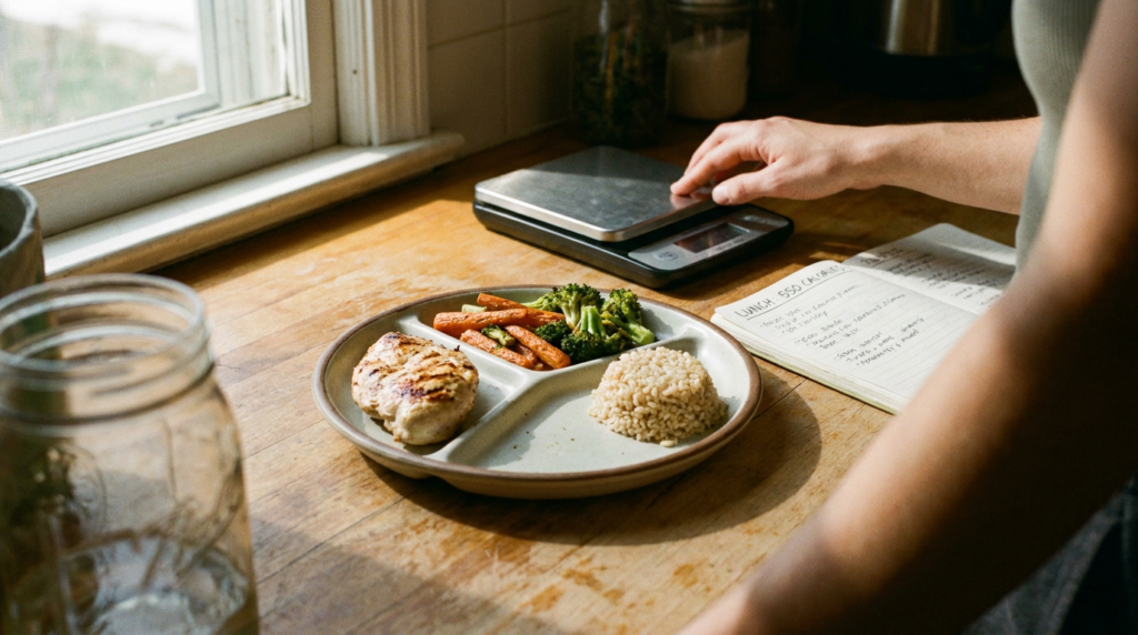 A plate of protein and vegetables for how to lose weight fast with a calorie deficit