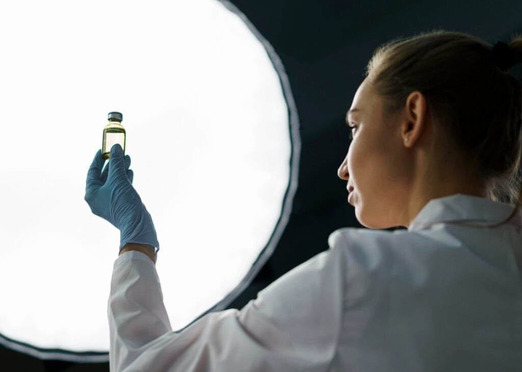 female researcher laboratory holding vaccine bottle light dOqaxrNQpvS4rRy3
