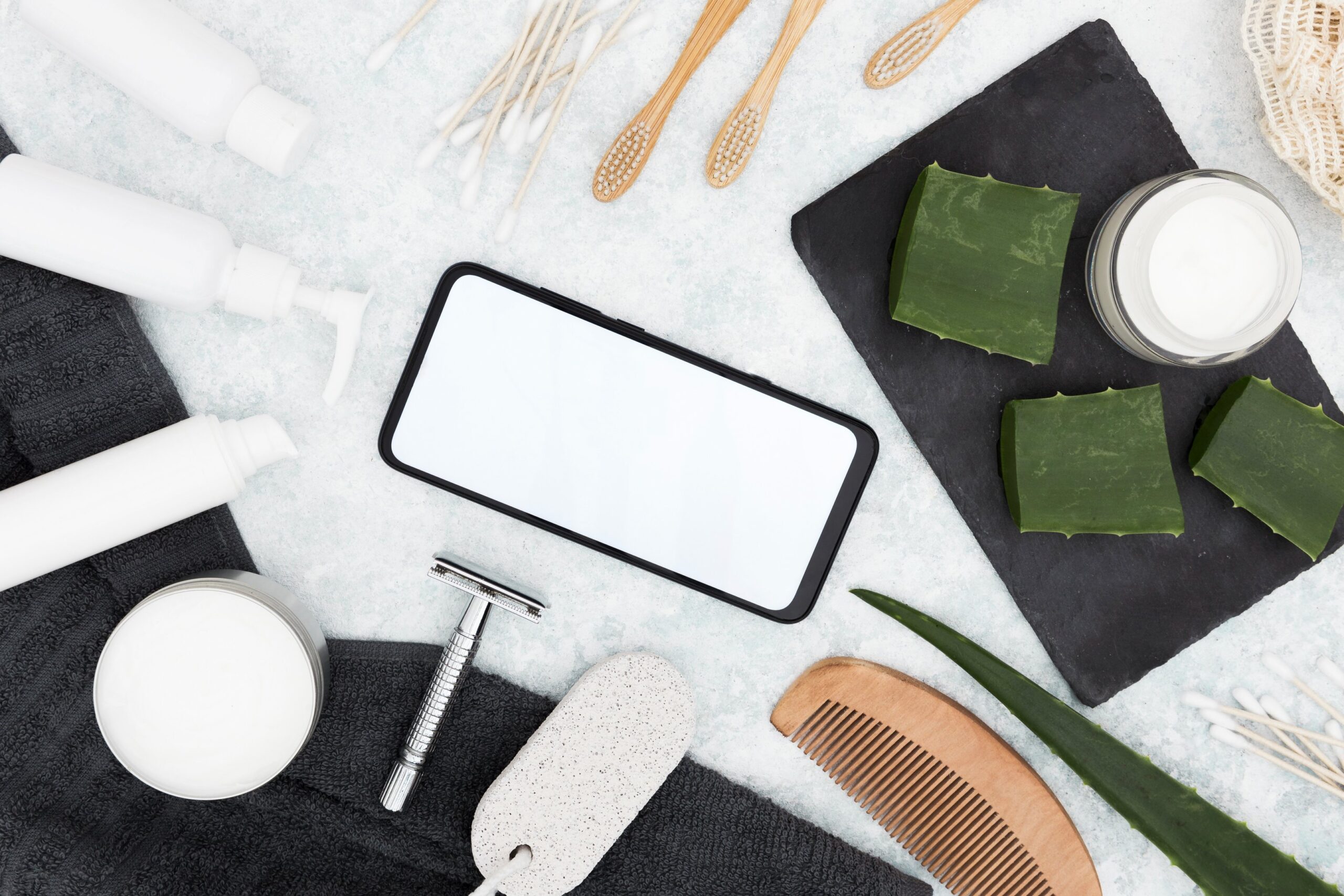 Men’s skincare essentials neatly arranged on a bathroom counter