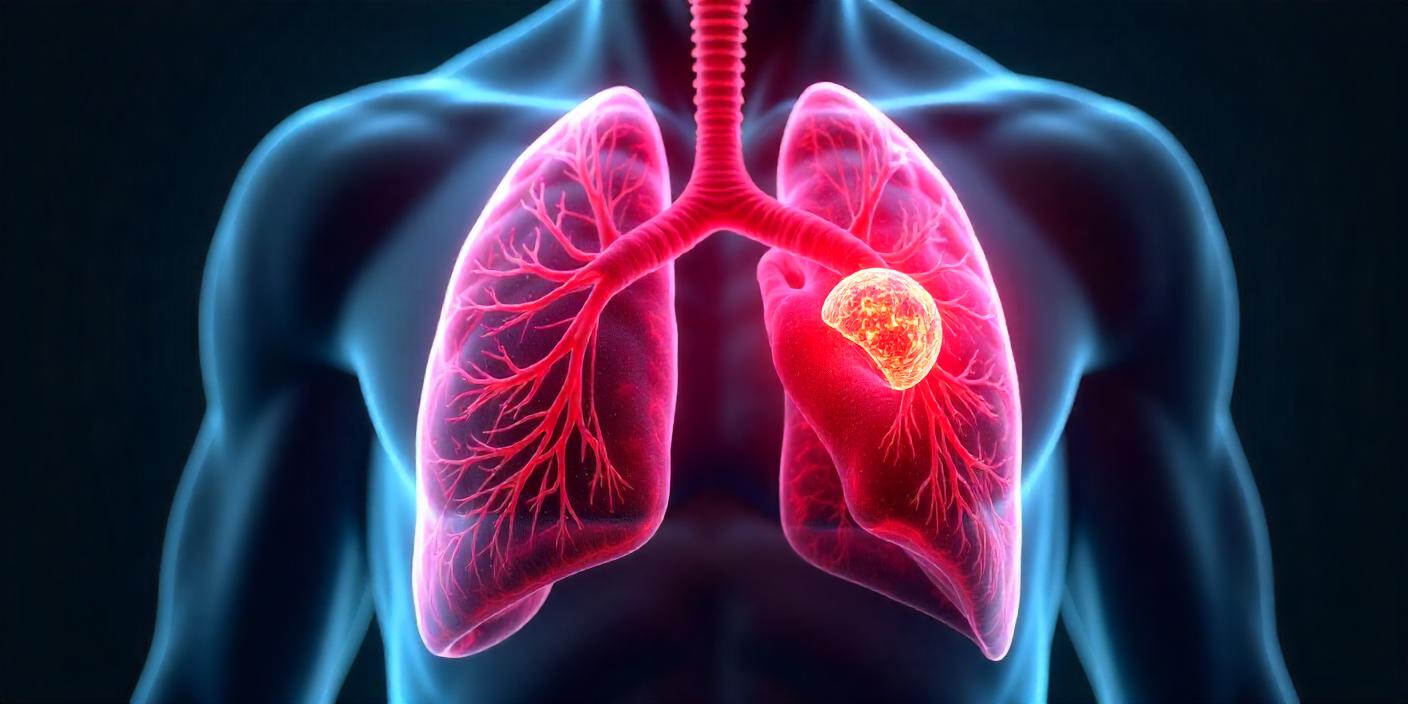 A Clear view of a pair of lungs with dark background, in left lung cancer cyst is clearly shown.