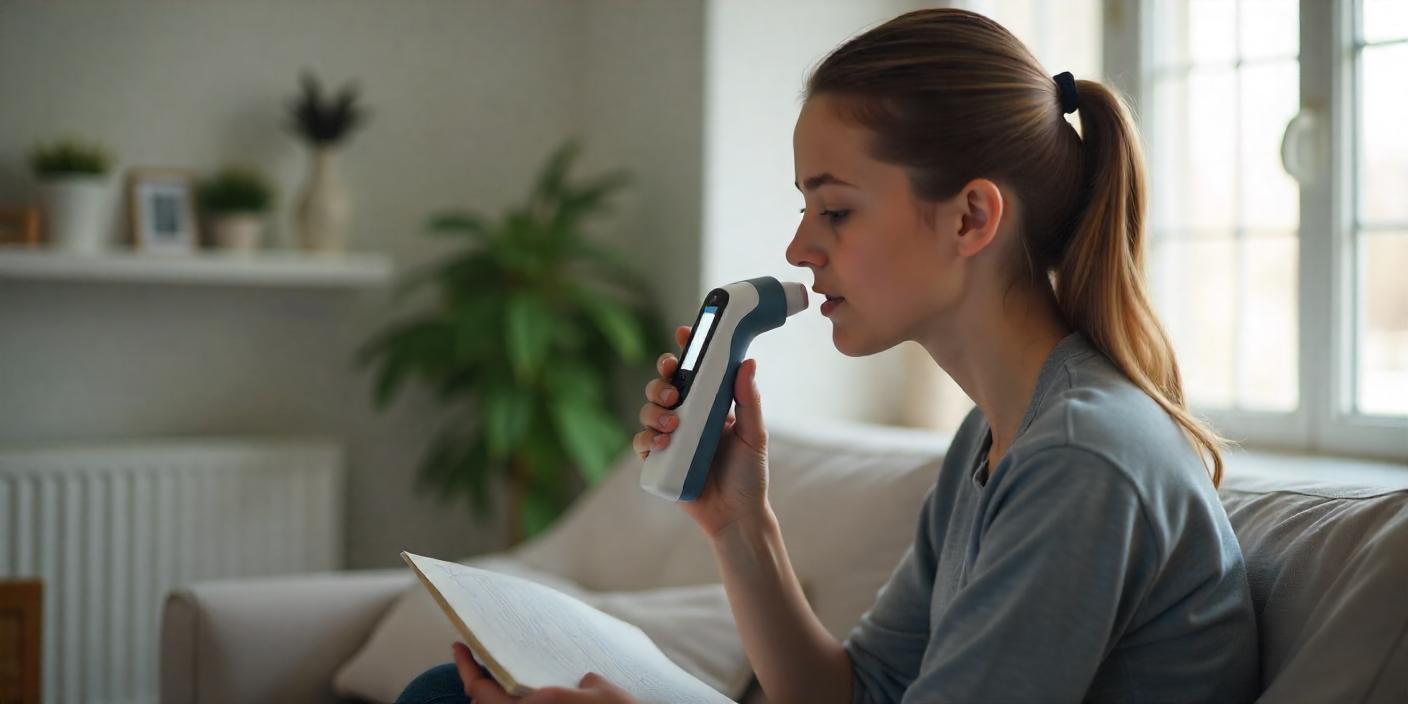A young girl is monitoring her expiratory flow by using peak flow meter.