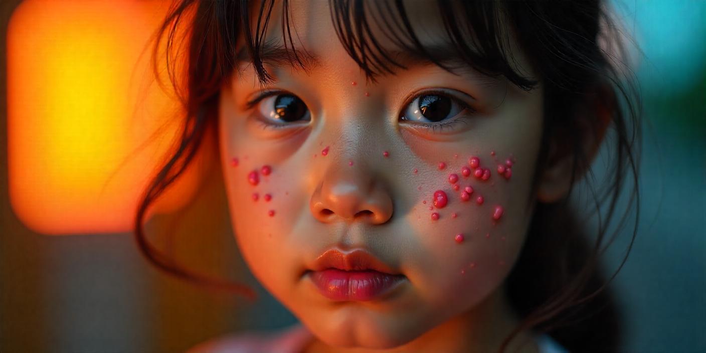 Little girl with red pimple-like skin rash on her cheek, showing early signs of a skin disease.