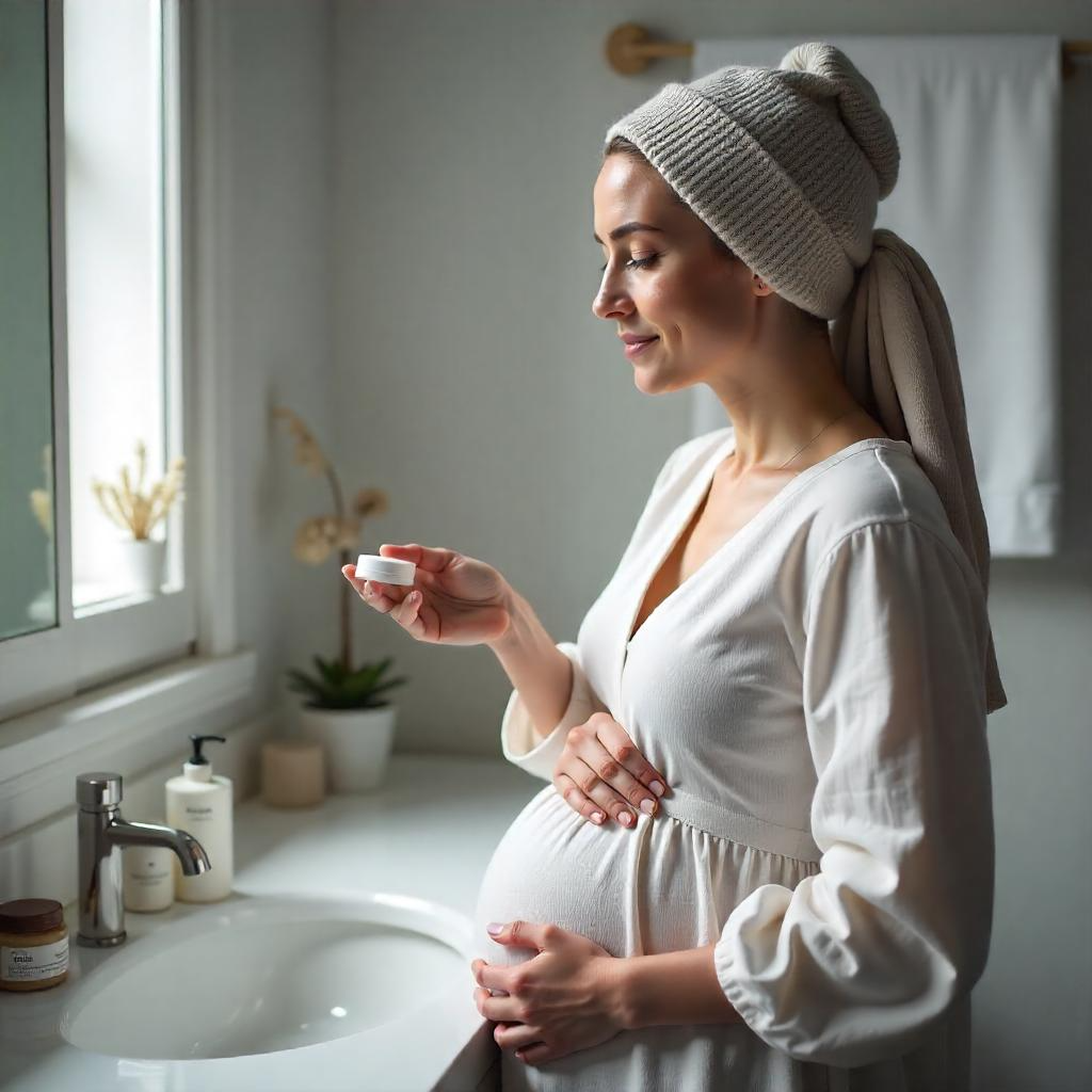 Pregnant woman applying skincare, using safe beauty products