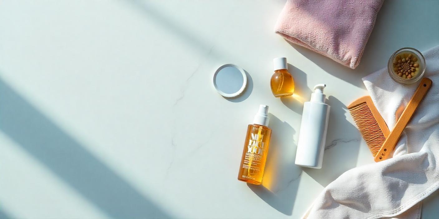 A Flat overview of hair care products in warm sunlight.