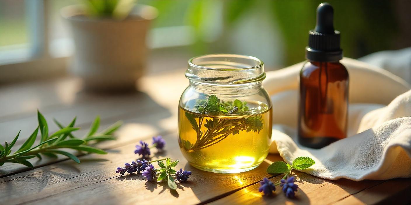 A flat overview of essential oil jar with herbs and cozy background