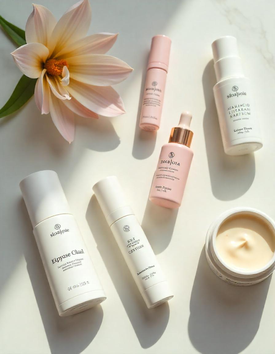 Top Pakistani skincare products arranged on a marble background.
