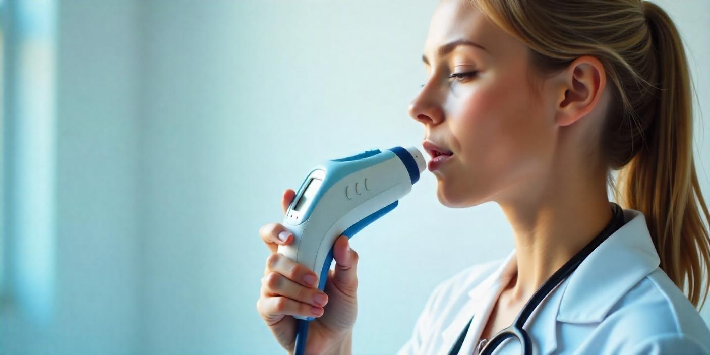 The doctor checking her peak expiratory flow. 