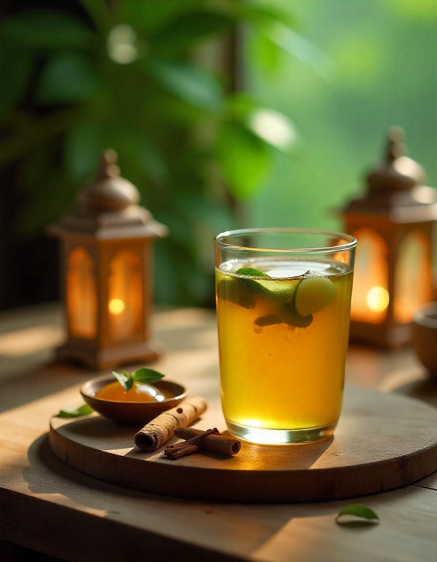 Detox tea with herbal ingredients, crescent moon, and lanterns symbolizing Ramzan.