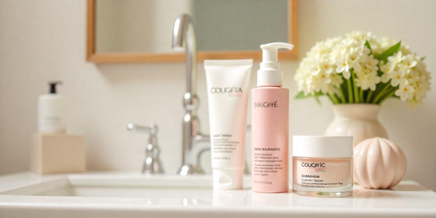 skincare products on vanity
