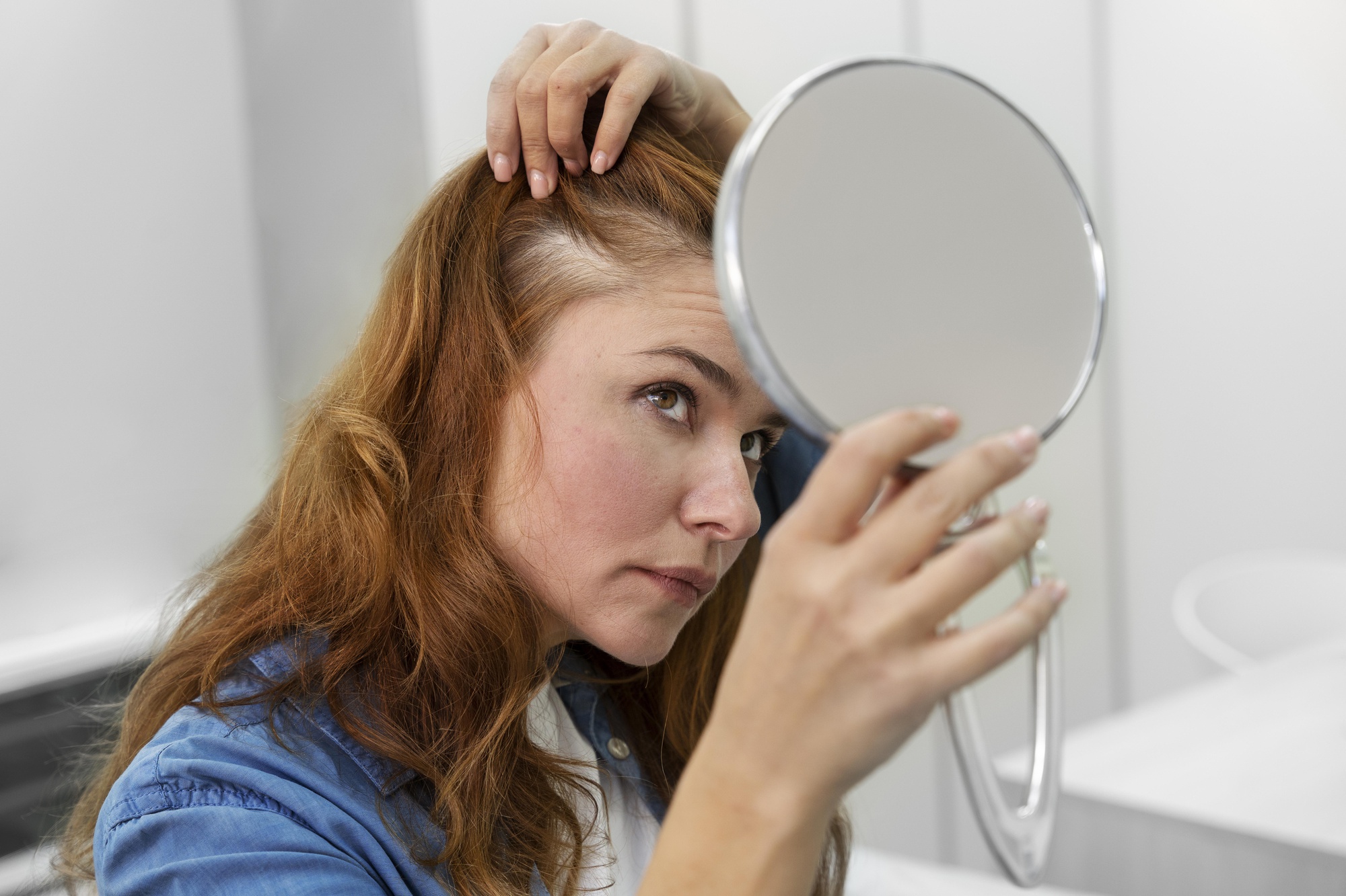 A woman suffering from hair loss seeing herself in mirror