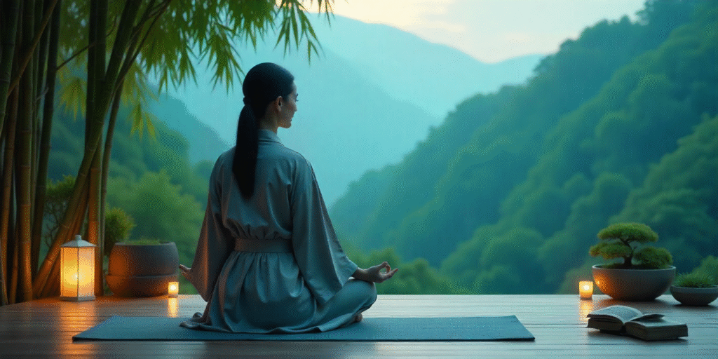 About Us 1 Woman meditating on a balcony in nature surrounded by greenery, promoting mindfulness and a healthy lifestyle