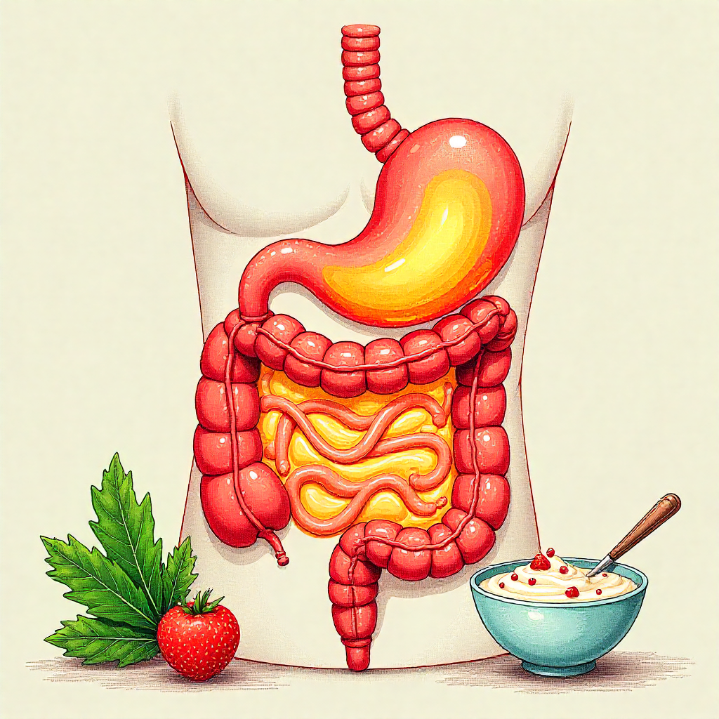 What are the common Gut Health Problems? 1 Gut health illustration showing digestion supported by probiotics and healthy foods