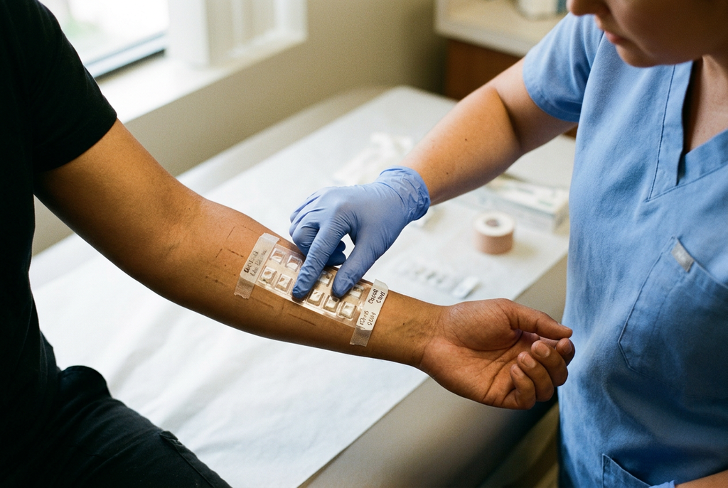 Patch testing spicule skincare on the inner forearm before facial use.