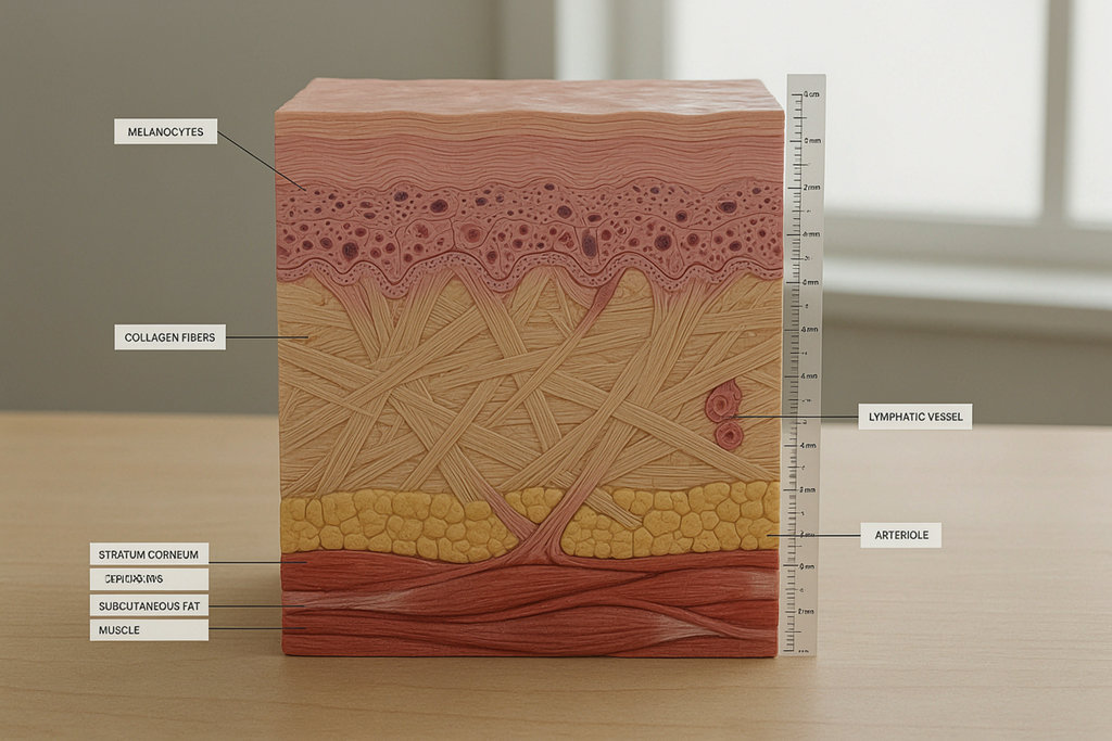 skin cross-section diagram showing depth to scale. Spicule serum vs. microneedling devices which to buy